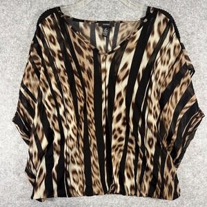 Alfani Blouse Womens Medium Brown Leopard Print Sheer Mesh Beaded V-Neck Cami